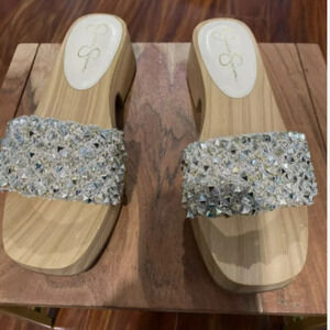 Jessica Simpson Rell Wood Platform Sandals Shoes Natural Gold Spikes Women’s 8M